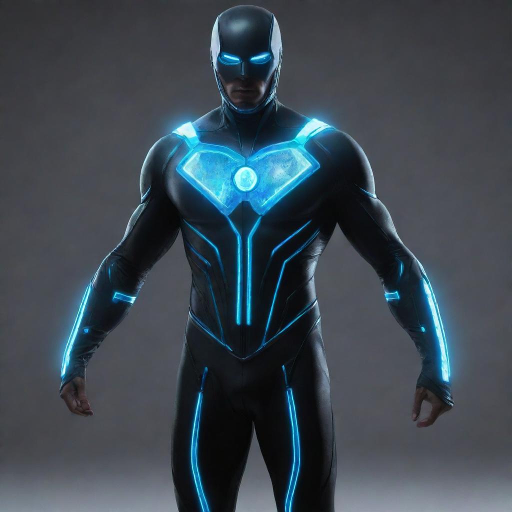 A futuristic costume concept glowing with the energy of polonium and hydrogen, capturing the essence of these elements in the form of a superhero outfit.