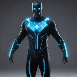 A futuristic costume concept glowing with the energy of polonium and hydrogen, capturing the essence of these elements in the form of a superhero outfit.