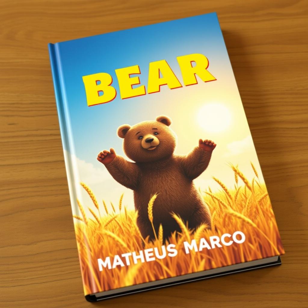 A book cover designed as a tribute to 1970s aesthetics, featuring a delightful brown bear standing in a golden wheat field under a clear and sunny sky