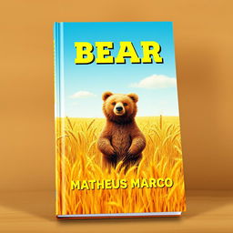 A book cover designed as a tribute to 1970s aesthetics, featuring a delightful brown bear standing in a golden wheat field under a clear and sunny sky