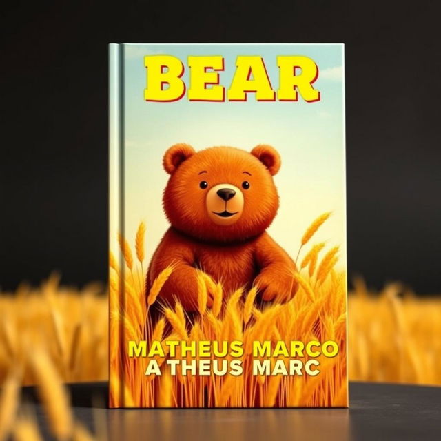 A book cover designed as a tribute to 1970s aesthetics, featuring a delightful brown bear standing in a golden wheat field under a clear and sunny sky