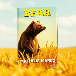 A book cover designed as a tribute to 1970s aesthetics, featuring a delightful brown bear standing in a golden wheat field under a clear and sunny sky