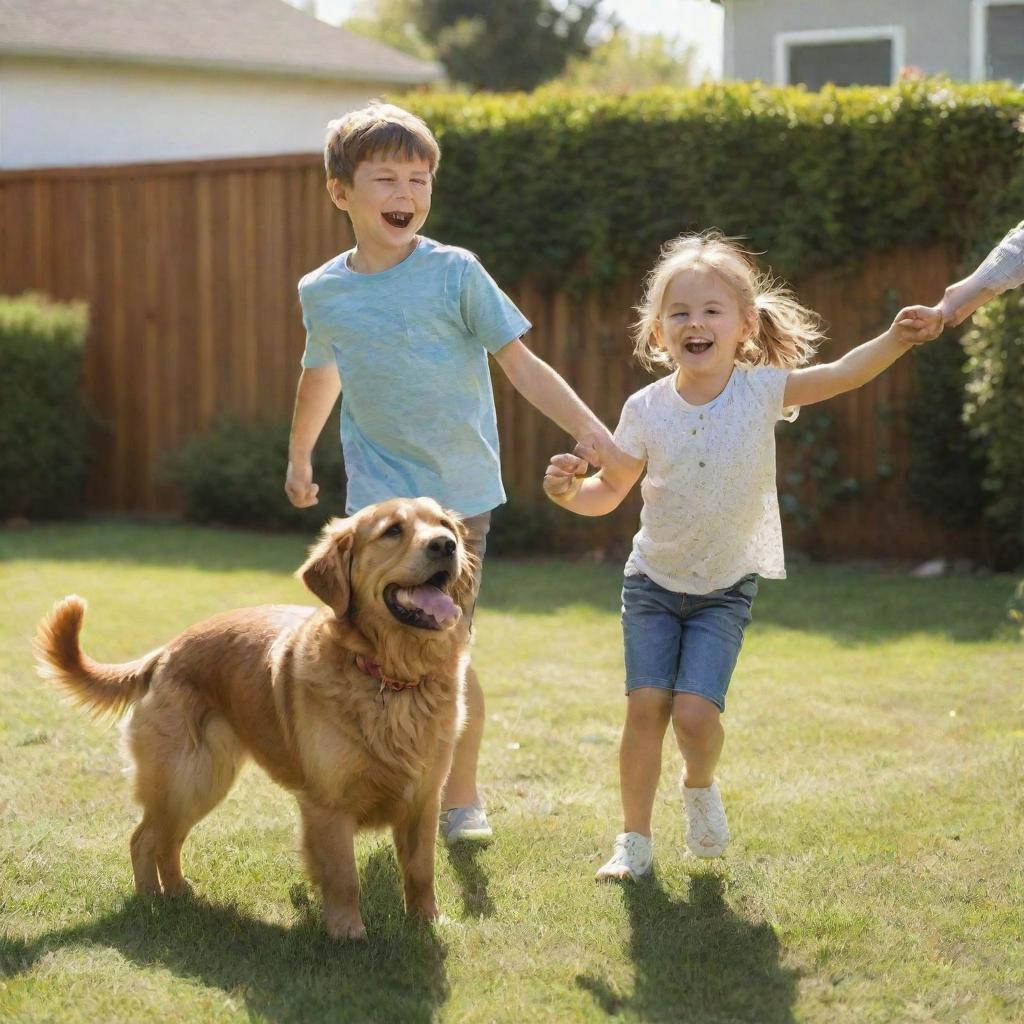 A cheerful young boy and girl playing with their joyous dog in a sunny backyard scene.