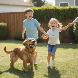 A cheerful young boy and girl playing with their joyous dog in a sunny backyard scene.