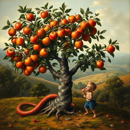 A full view of a small apple tree, its branches heavy with ripe, glistening apples, while a mythological giant snake winds around its trunk, its scales reflecting vibrant colors