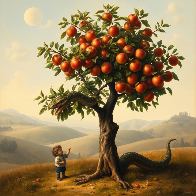 A full view of a small apple tree, its branches heavy with ripe, glistening apples, while a mythological giant snake winds around its trunk, its scales reflecting vibrant colors