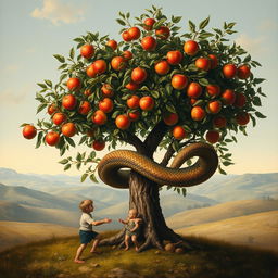 A full view of a small apple tree, its branches heavy with ripe, glistening apples, while a mythological giant snake winds around its trunk, its scales reflecting vibrant colors