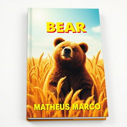 A book cover designed as a tribute to 1970s aesthetics, showcasing a delightful brown bear prominently featured in a golden wheat field under a bright and sunny sky