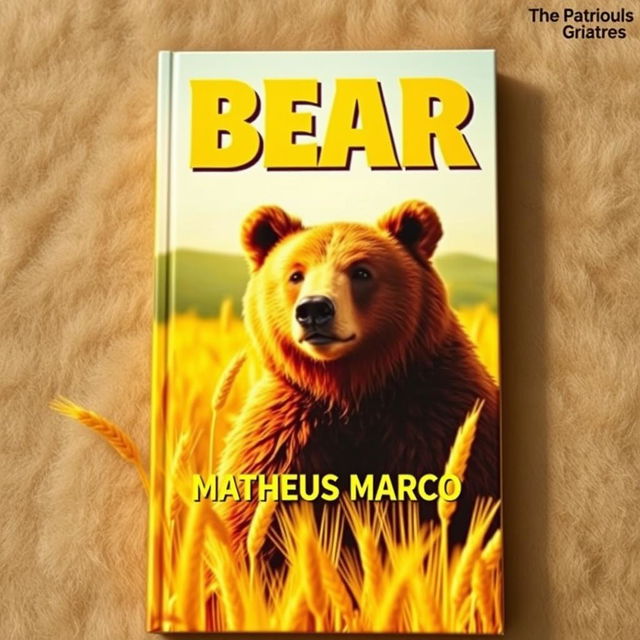 A book cover designed as a tribute to 1970s aesthetics, showcasing a delightful brown bear prominently featured in a golden wheat field under a bright and sunny sky