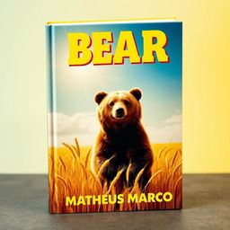 A book cover designed as a tribute to 1970s aesthetics, showcasing a delightful brown bear prominently featured in a golden wheat field under a bright and sunny sky