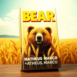 A book cover designed as a tribute to 1970s aesthetics, showcasing a delightful brown bear prominently featured in a golden wheat field under a bright and sunny sky