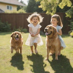 A cheerful young boy and girl playing with their joyous dog in a sunny backyard scene.