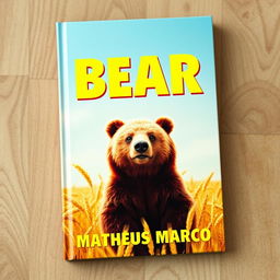 A book cover designed as a true tribute to 1970s aesthetics, featuring an adorable brown bear prominently in a golden wheat field under a clear and sunny sky