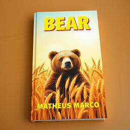 A book cover designed as a true tribute to 1970s aesthetics, featuring an adorable brown bear prominently in a golden wheat field under a clear and sunny sky