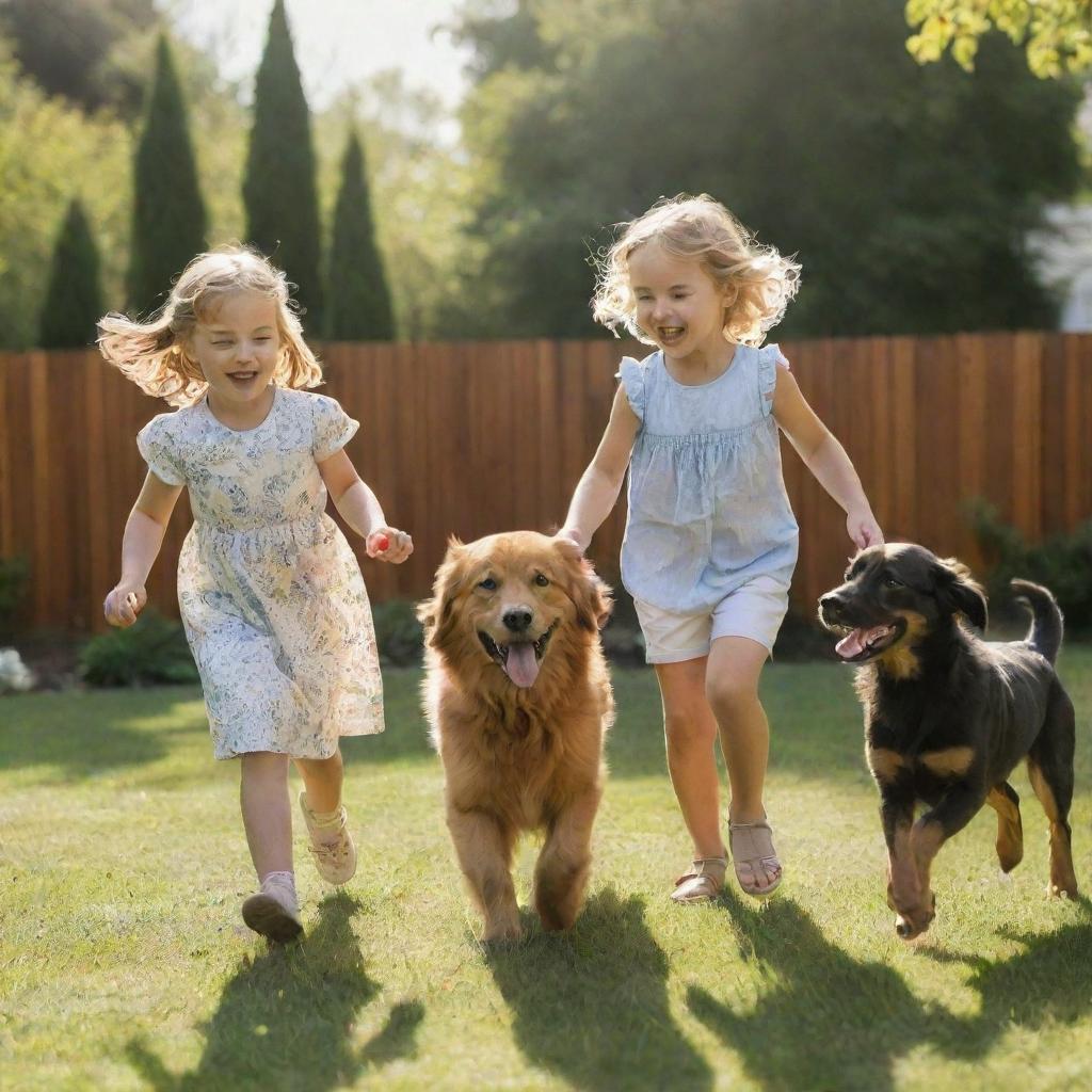 A cheerful young boy and girl playing with their joyous dog in a sunny backyard scene.