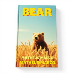 A book cover designed as a true tribute to 1970s aesthetics, featuring an adorable brown bear prominently in a golden wheat field under a clear and sunny sky