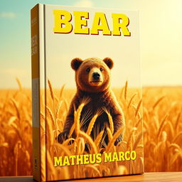 A book cover designed as a true tribute to 1970s aesthetics, featuring an adorable brown bear prominently in a golden wheat field under a clear and sunny sky