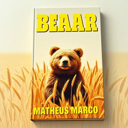 A book cover designed as a true tribute to the aesthetics of the 1970s, featuring an adorable brown bear prominently in a golden wheat field under a clear and sunny sky