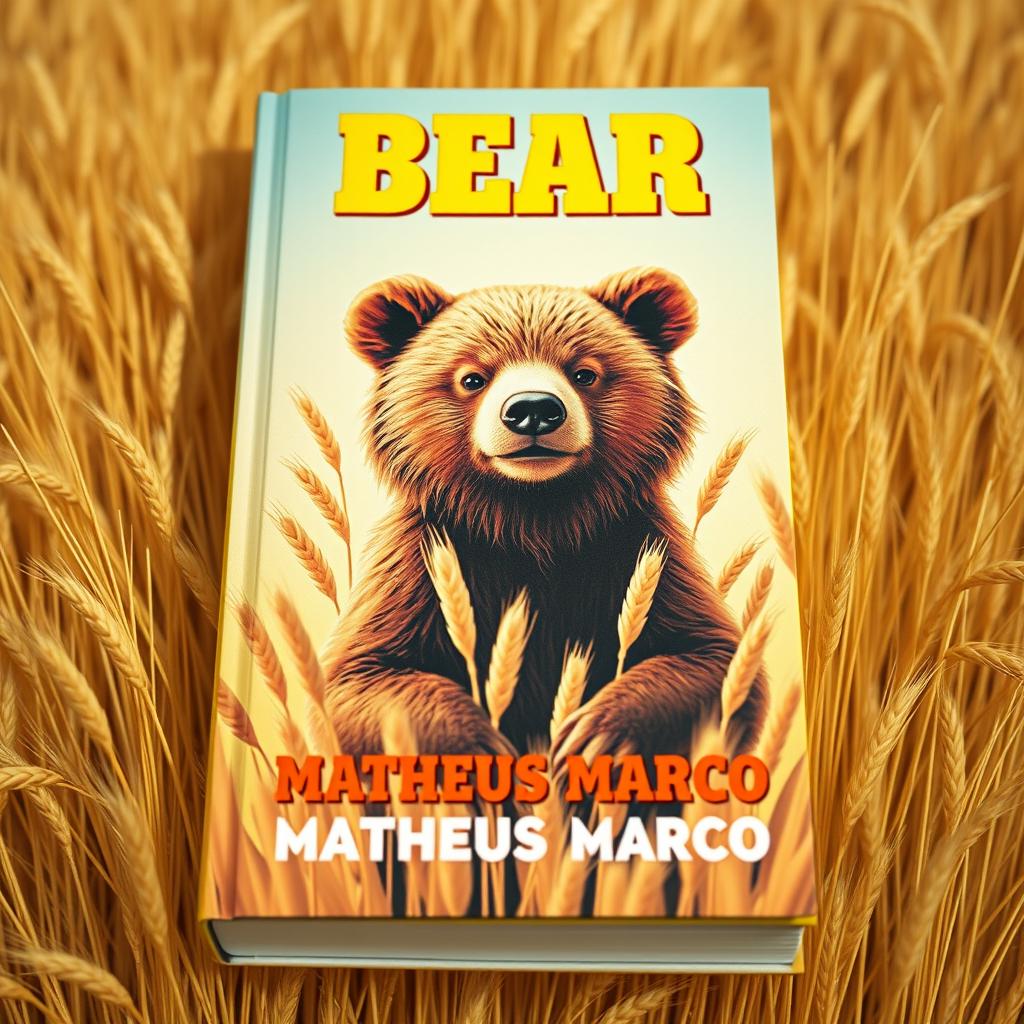 A book cover designed as a true tribute to the aesthetics of the 1970s, featuring an adorable brown bear prominently in a golden wheat field under a clear and sunny sky