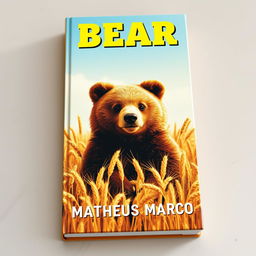 A book cover designed as a true tribute to the aesthetics of the 1970s, featuring an adorable brown bear prominently in a golden wheat field under a clear and sunny sky