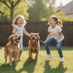 A cheerful young boy and girl playing with their joyous dog in a sunny backyard scene.