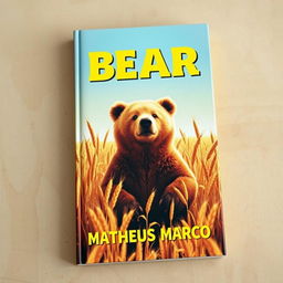 A book cover designed as a true tribute to the aesthetics of the 1970s, featuring an adorable brown bear prominently in a golden wheat field under a clear and sunny sky