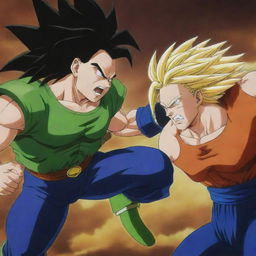 An intense fight scene between Broly and Android 17 from Dragon Ball, with Android 17 gaining the upper hand and emerging victorious.