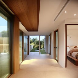 An expansive hall linking three bedrooms on a double-storey house with dimensions 12x32