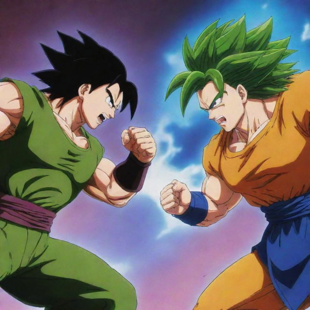 An intense fight scene between Broly and Android 17 from Dragon Ball, with Android 17 gaining the upper hand and emerging victorious.