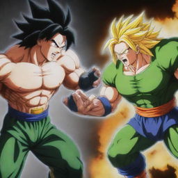 An intense fight scene between Broly and Android 17 from Dragon Ball, with Android 17 gaining the upper hand and emerging victorious.