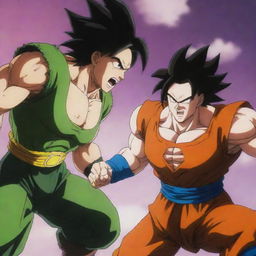 An intense fight scene between Broly and Android 17 from Dragon Ball, with Android 17 gaining the upper hand and emerging victorious.