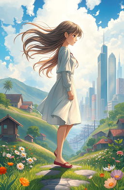 A dreamy novel cover illustration depicting the metamorphosis of a young village girl stepping into the city