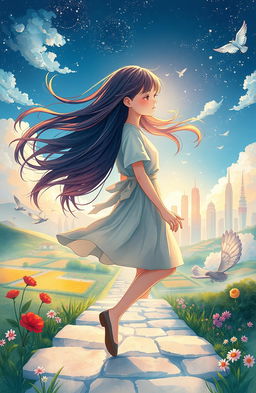 A dreamy novel cover illustration depicting the metamorphosis of a young village girl stepping into the city