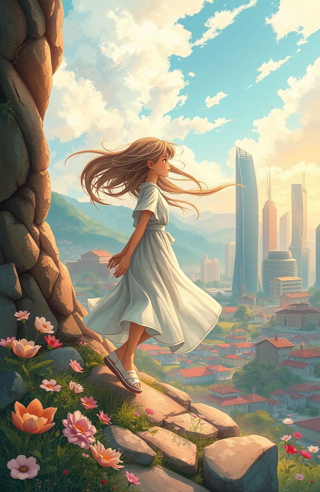 A dreamy novel cover illustration depicting the metamorphosis of a young village girl stepping into the city