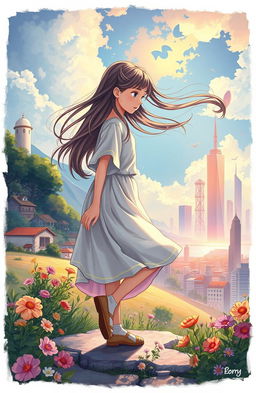 A dreamy novel cover illustration depicting the metamorphosis of a young village girl stepping into the city