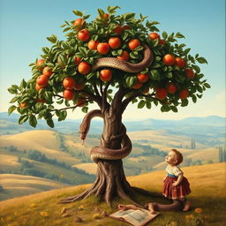 A beautiful Renaissance-style painting depicting a small apple tree, lush and detailed, with a mythological giant snake coiled around its trunk, showcasing its majestic and mystical features