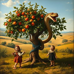 A beautiful Renaissance-style painting depicting a small apple tree, lush and detailed, with a mythological giant snake coiled around its trunk, showcasing its majestic and mystical features