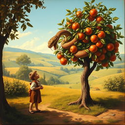 A beautiful Renaissance-style painting depicting a small apple tree, lush and detailed, with a mythological giant snake coiled around its trunk, showcasing its majestic and mystical features