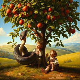 A beautiful Renaissance-style painting depicting a small apple tree, lush and detailed, with a mythological giant snake coiled around its trunk, showcasing its majestic and mystical features