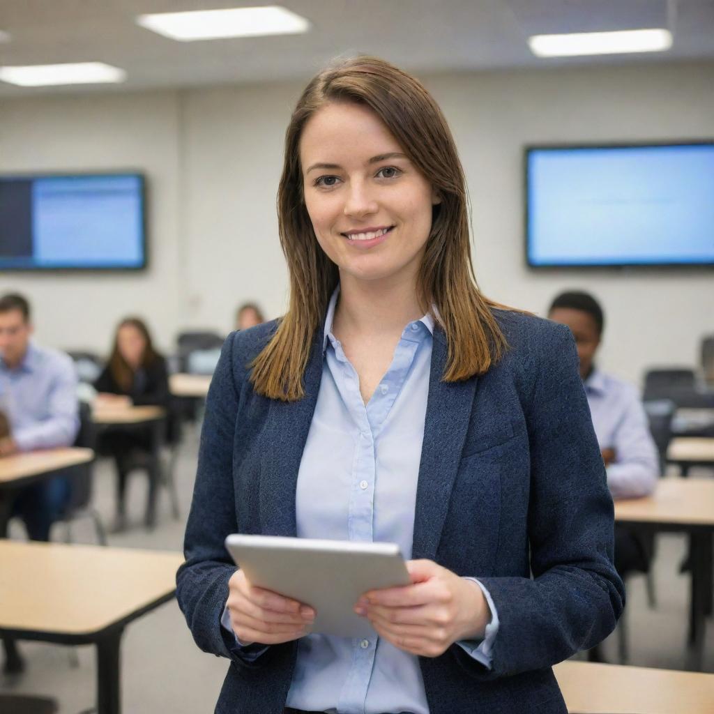 A young 21st century teacher in her 20's, holding a tablet and a pen in a high-tech classroom with computers and projectors. She's wearing a professional teacher's attire, fully visible from head to toe.