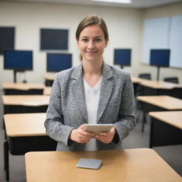 A young 21st century teacher in her 20's, holding a tablet and a pen in a high-tech classroom with computers and projectors. She's wearing a professional teacher's attire, fully visible from head to toe.