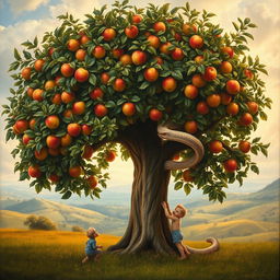 A stunning Renaissance-style painting showcasing a full view of a lush apple tree, its branches heavy with ripe apples and vibrant green leaves