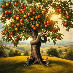 A stunning Renaissance-style painting showcasing a full view of a lush apple tree, its branches heavy with ripe apples and vibrant green leaves