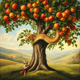 A stunning Renaissance-style painting showcasing a full view of a lush apple tree, its branches heavy with ripe apples and vibrant green leaves