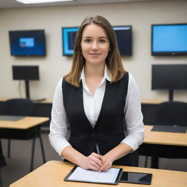 A young 21st century teacher in her 20's, holding a tablet and a pen in a high-tech classroom with computers and projectors. She's wearing a professional teacher's attire, fully visible from head to toe.