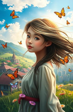 A captivating novel cover depicting the metamorphosis of a young village girl embarking on a journey to the city