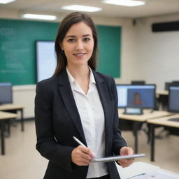 A young 21st century teacher in her 20's, holding a tablet and a pen in a high-tech classroom with computers and projectors. She's wearing a professional teacher's attire, fully visible from head to toe.