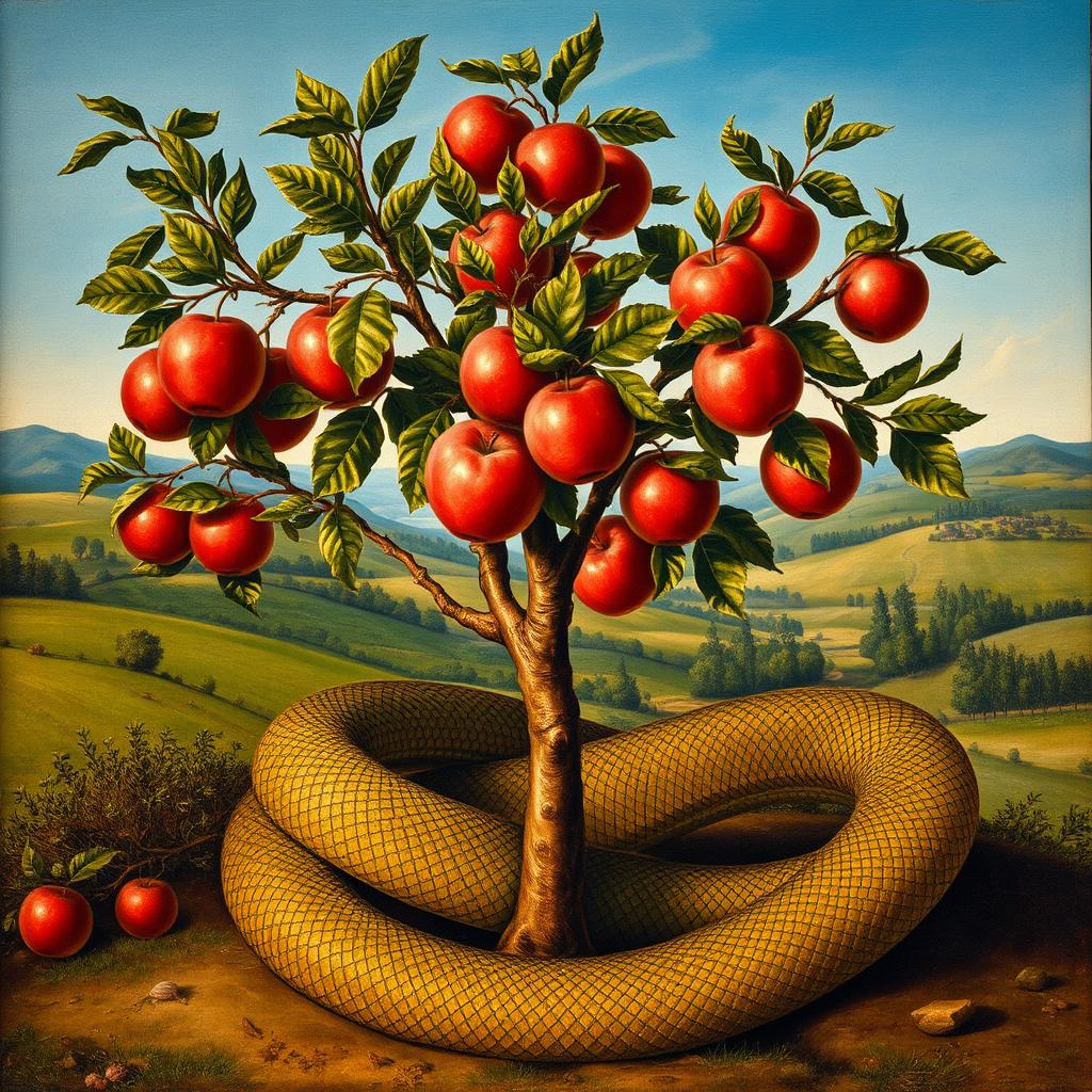 A detailed renaissance-style painting depicting a small apple tree in full view, adorned with ripe red apples