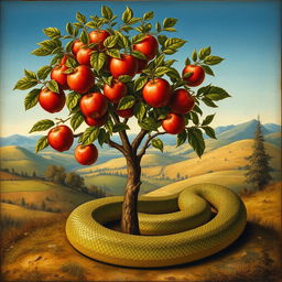 A detailed renaissance-style painting depicting a small apple tree in full view, adorned with ripe red apples