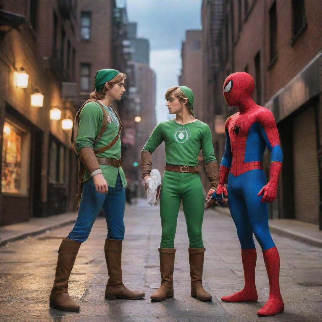 Link from The Legend of Zelda engaged in a conversation with Spiderman. They are standing in a well-lit urban setting with iconic costumes and comic-style background